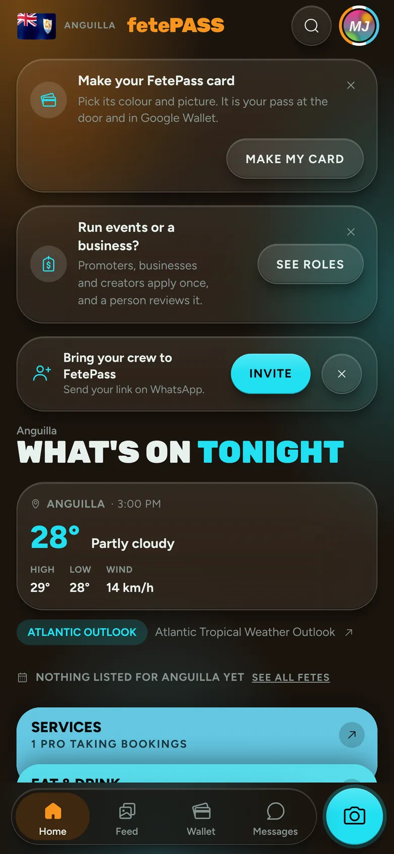 The FetePass app open on Anguilla: what's on tonight, the weather, and tiles for services, food, stays, things to do and the shop.